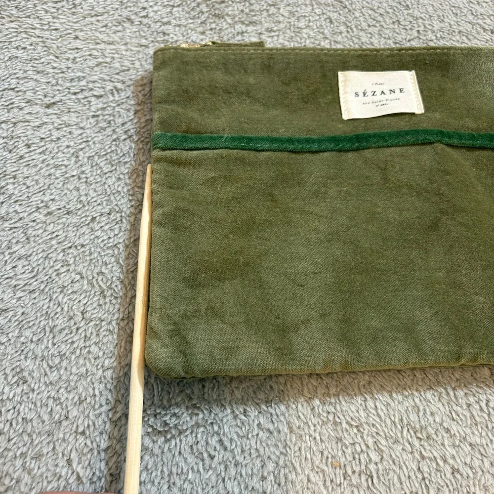 Sezane Olive Green Cotton Velvet Zippered Pouch Makeup Bag Clutch Travel - Picture 8 of 10